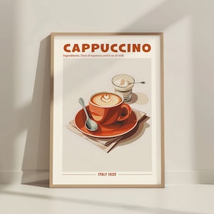 Retro Cappuccino Kaffee Print für Hausbar Dekor Warenkorb Schild Küche oder Café. Geschenk für Kaffeeliebhaber. Drink Poster, Cappuccino Rezept Wandkunst
