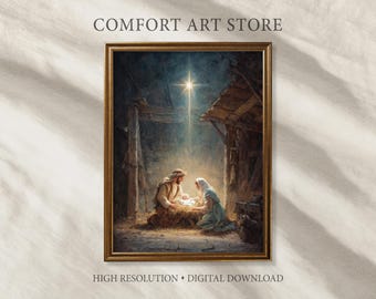 May include: A framed digital download print featuring a religious scene. The artwork depicts a nativity scene with figures in robes, illuminated by a bright star. The text "COMFORT ART STORE" and "HIGH RESOLUTION • DIGITAL DOWNLOAD" are visible.
