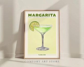 Op de afbeelding: Een vintage poster met een groene margaritacocktail in een glas met een gezouten rand. De poster heeft de tekst "MARGARITA" en "TIJUANA 1930" in groene tekst. De poster is op een witte achtergrond.