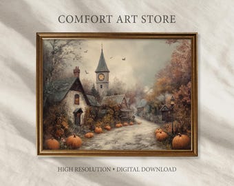 May include: A framed landscape painting featuring a village scene with a church tower, houses, and pumpkins. The artwork is in a gold frame and includes the text "COMFORT ART STORE" and "HIGH RESOLUTION • DIGITAL DOWNLOAD".
