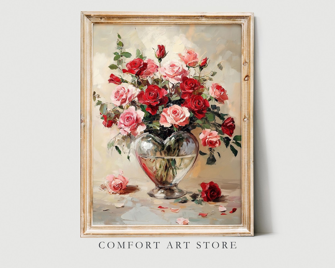 Heart Vase & Roses Wall Art Valentines Day Print Valentines Day Vintage ...