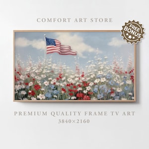 Puede incluir: Una obra de arte enmarcada que representa un campo de flores silvestres rojas, blancas y azules con una bandera estadounidense ondeando en el cielo. La obra está etiquetada como "Comfort Art Store" y "Premium Quality Frame TV Art".