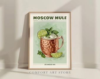 Póster de cóctel con impresión de Moscow Mule, letrero clásico de cóctel con alcohol, decoración para carrito de bar o de bar, regalo de coctelería retro, exposición de recetas de bebidas, arte.