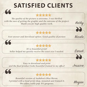 May include: Five customer testimonials with five-star ratings and quotes about the quality of the product and service. The quotes include phrases like "awesome", "beautiful print", "easy to download", and "gorgeous".