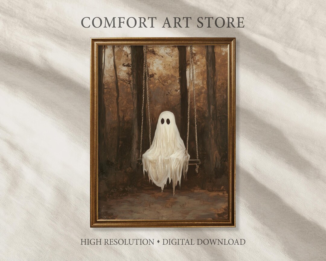 Halloween Cute Ghost on Swing Print Vintage Gothic Printable Moody Wall ...