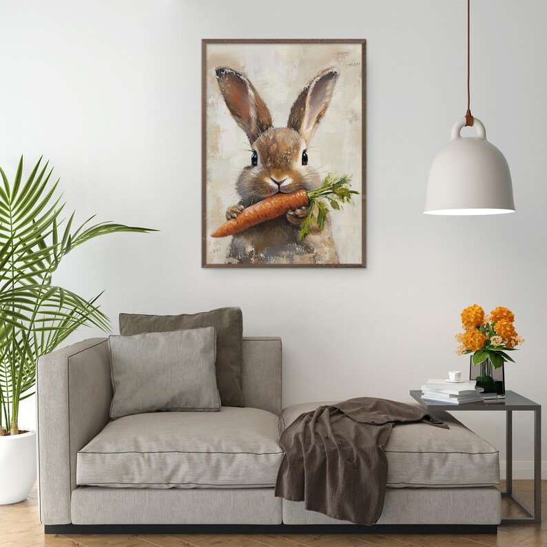 May include: A painting of a brown rabbit with long ears holding a carrot in its mouth. The rabbit is looking directly at the viewer. The background is a light brown with a textured look.