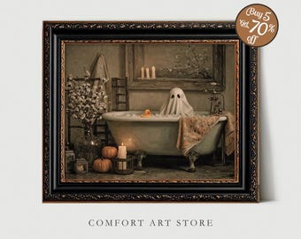 Ghost Bathroom Print Halloween Printable Wall Art Vintage Cute Ghost Bathtub Rubber Duck Print Moody Spooky Decor Dark Academia Painting