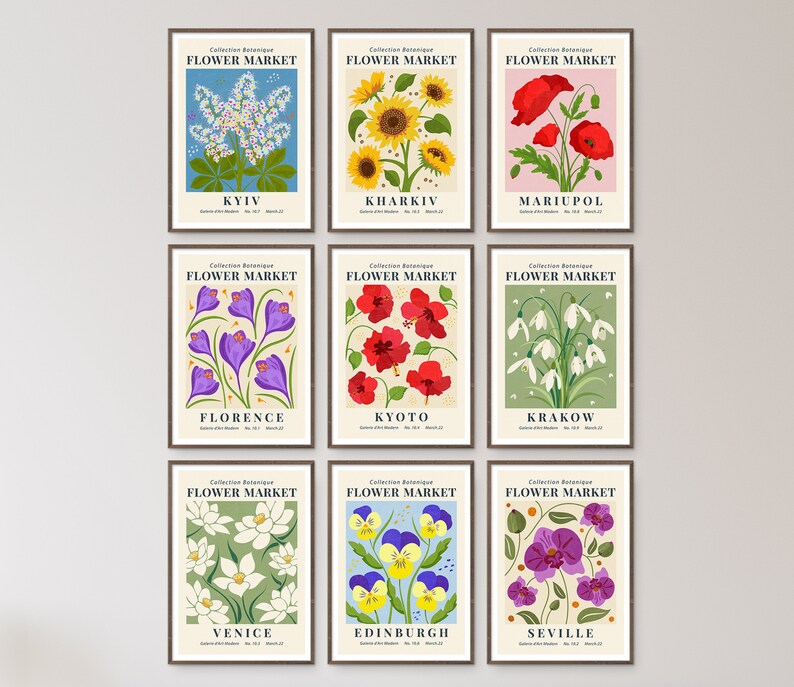 Flower Market Print Set of 9 Gallery Wall Art Retro Botanical Floral ...