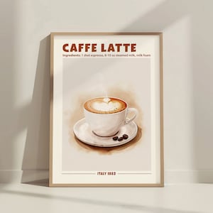レトロなカフェラテコーヒープリントホームバー装飾カートサインキッチンまたはカフェ。コーヒー愛好家へのギフト。ドリンクポスター、カフェラテレシピウォールアート