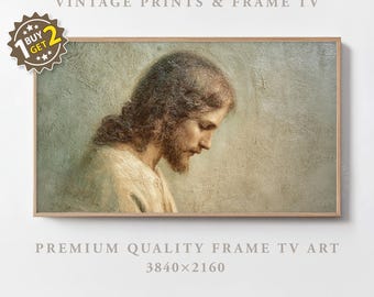 Easter Jesus Praying Portrait Frame TV Art Vintage Oil Painting Bowed Head Sacred Reflection In Muted Beige Samsung Frame TV Art