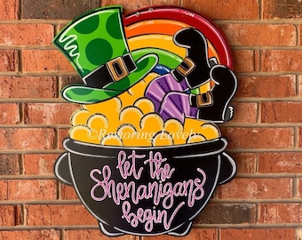 St. Patrick’s door hanger, pot of gold door hanger, leprechaun door hanger, whimsical hand painted shenanigans door hanger
