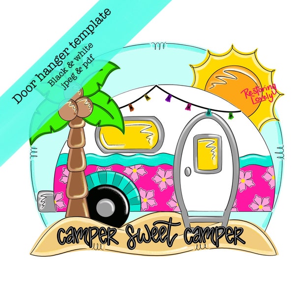 Camper Door Hanger Template, Summer Beach Design (PDF & JPEG)