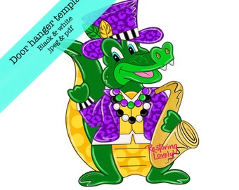 Puede incluir: Un cocodrilo verde con un disfraz de Mardi Gras morado y dorado toca un saxofón dorado. El cocodrilo lleva un sombrero morado y dorado con una pluma, una chaqueta morada con manchas doradas y un collar dorado con cuentas moradas y verdes. El cocodrilo sostiene un saxofón dorado en su mano derecha y un rollo en su mano izquierda. El rollo dice "Restoring Lovely".