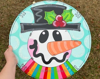 Hand Painted Snowman Door Hanger, Winter Holiday Decor, Round Wood Sign