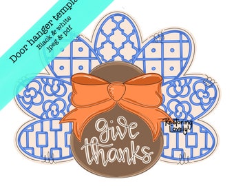 Turkey Door Hanger Template, Chinoiserie Thanksgiving Decor (PDF, JPEG)