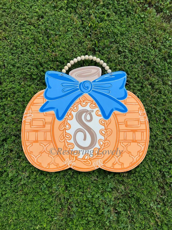 Chinoiserie Pumpkin Door Hanger, Personalized Fall Decor