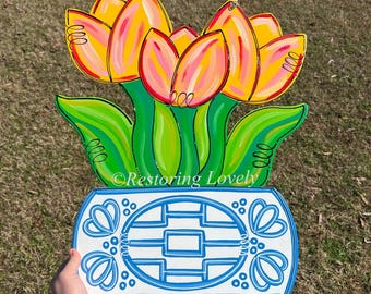 Hand Painted Tulip Door Hanger, Chinoiserie Spring Decor