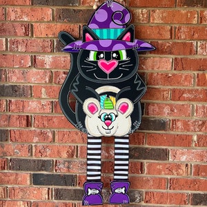 Colgador de puerta de gato negro de Halloween, colgador de puerta con patas de cinta, letrero de puerta de otoño de madera, colgador de puerta de bruja, colgador de puerta de ratón, vacaciones de temporada espeluznante