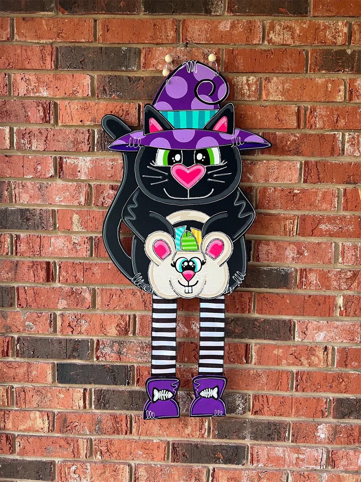 Halloween Black Cat Door Hanger, Ribbon Legs Witch Decor, Spooky