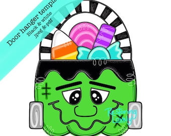 Op de afbeelding: Een groene Frankenstein-thema deurhanger sjabloon met een zwart-wit gestreepte handgreep. De mand is gevuld met kleurrijke snoepjes. Tekst op de afbeelding luidt "Door hanger template Black & white jpeg & pdf".
