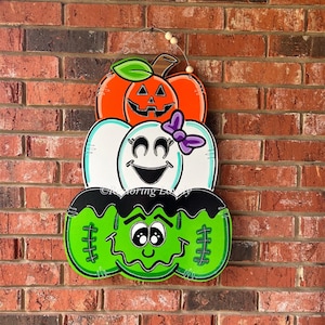 Halloween door hanger, stacked pumpkin door hanger, Frankenstein ghost door hanger, fall door sign, spooky season door hanger