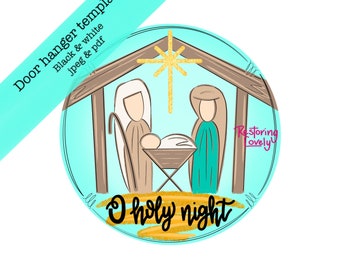 May include: A blue and gold Christmas door hanger with a nativity scene and the text "O Holy Night".