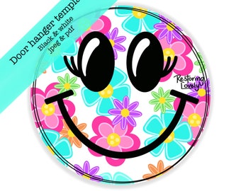 Template, smiley face door hanger template, floral round template, spring summer template, hippy template, diy digital door hanger