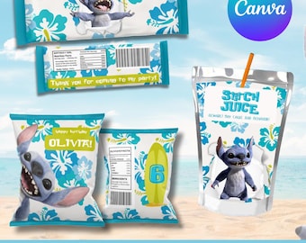 Lilo & Stitch Party Favor Bundle: Chip Bag, Capri Sun, Candy Bar (Digital Download)