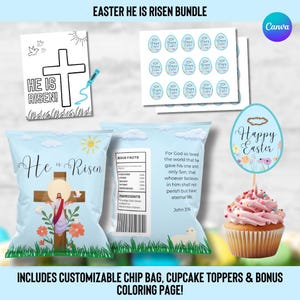 Pode incluir: Suprimentos de festa de Páscoa imprimíveis que incluem um saco de batatas fritas azul e branco com o texto "He is Risen", um topo de cupcake com o texto "Happy Easter" e uma página para colorir com o texto "He is Risen!"