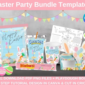 May include: An Easter party bundle with templates, featuring a variety of items. Includes a bag, juice box, cup, and box, all decorated with Easter-themed graphics. The design includes bunnies, eggs, and the text "Happy Easter". Also includes a coloring page and Starburst candy.