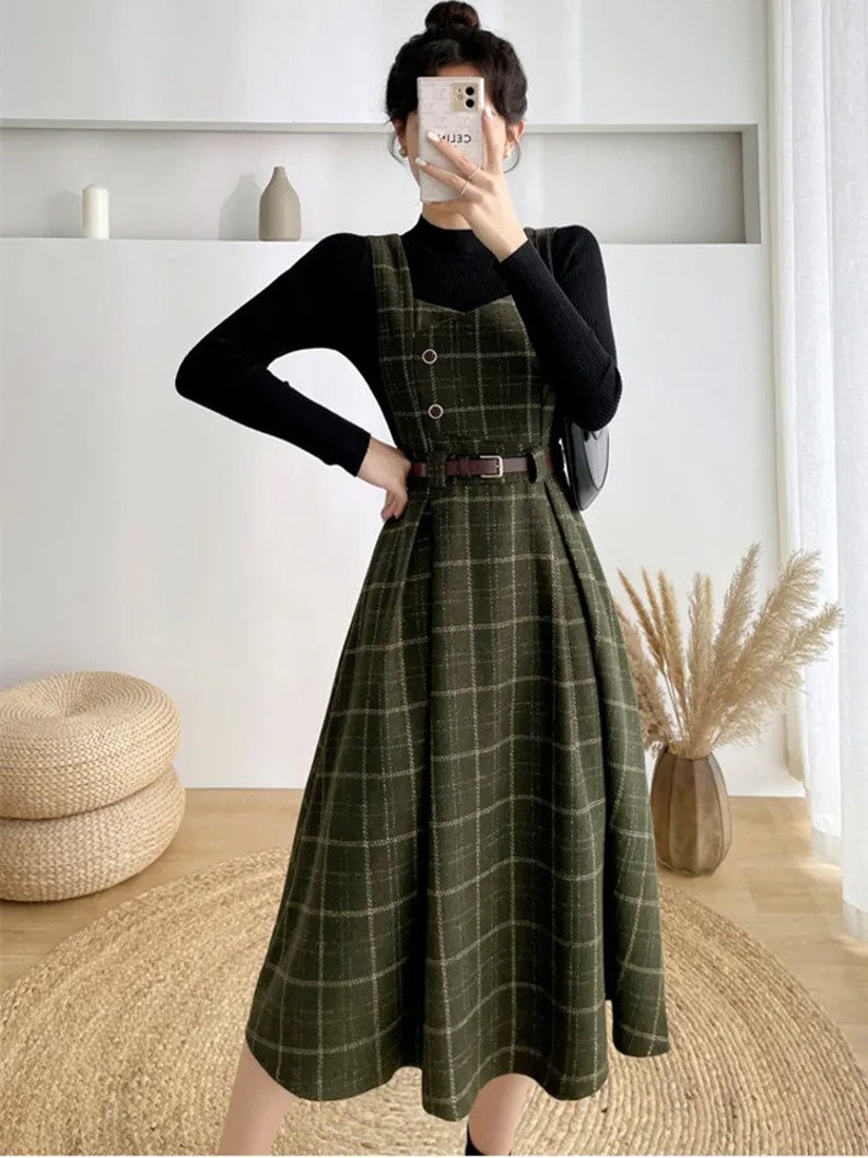 Robe vintage sombre Academia-jupe victorienne-vintage Prairie robe-automne robe-formelle à carreaux robe-automne robe en tweed, cadeau pour elle Vert