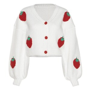 Cute Crochet Strawberry Cardigan , Chunky Soft Women Sweater , Handmade Crop Knit Outfit , Gift for her , Y2k Top with Strawberries 2024 image 2