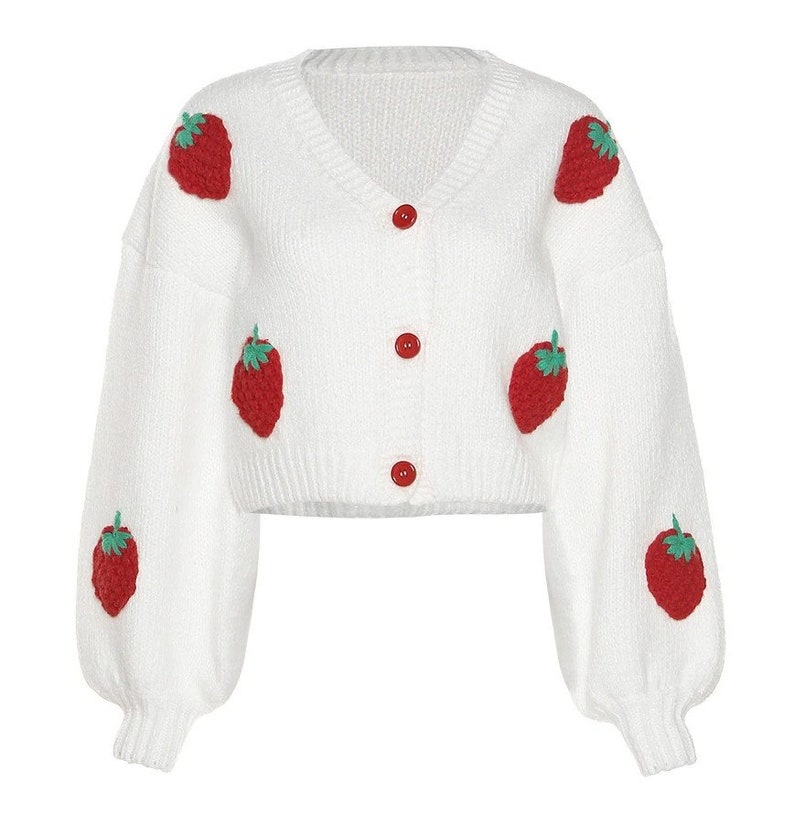 Cute Crochet Strawberry Cardigan , Chunky Soft Women Sweater , Handmade Crop Knit Outfit , Gift for her , Y2k Top with Strawberries 2024 image 2