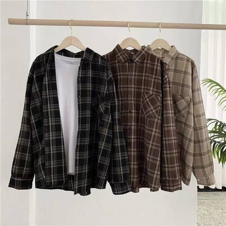 Flannels, Plaid Shirt, Dark Academia Indie Aesthetic Y2K Blouse, Streetwear Oversized Clothing,Gift for her 2022 zdjęcie 1