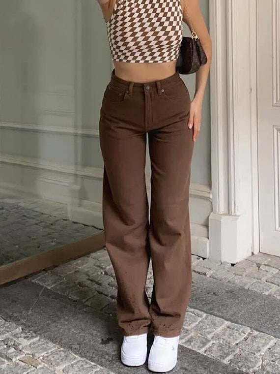 Cute Y2K Brown Jeans Vintage Wide Leg Jeans / Aesthetic High