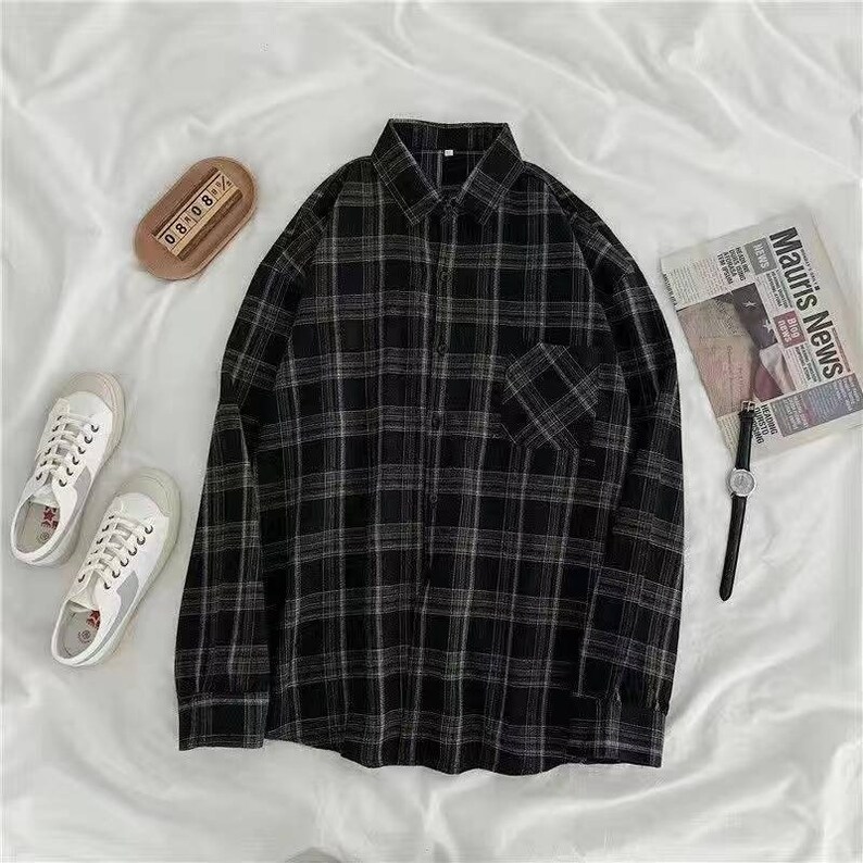 Flannels, Plaid Shirt, Dark Academia Indie Aesthetic Y2K Blouse, Streetwear Oversized Clothing,Gift for her 2022 Black