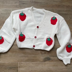 Cute Crochet Strawberry Cardigan , Chunky Soft Women Sweater , Handmade Crop Knit Outfit , Gift for her , Y2k Top with Strawberries 2024 image 1
