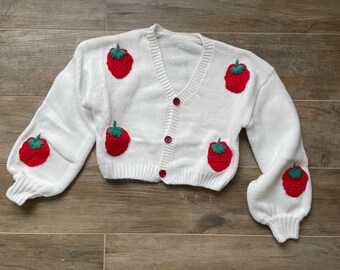 Cute Crochet Strawberry Cardigan , Chunky Soft Women Sweater , Handmade Crop Knit Outfit , Gift for her , Y2k Top with Strawberries 2024