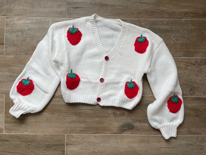 Cute Crochet Strawberry Cardigan , Chunky Soft Women Sweater , Handmade Crop Knit Outfit , Gift for her , Y2k Top with Strawberries 2024 image 1