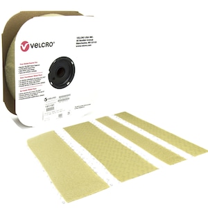 May include: A roll of tan VELCRO brand hook and loop fasteners with several pre-cut strips. The packaging includes the VELCRO logo and product information. The strips are ready for use in various applications.