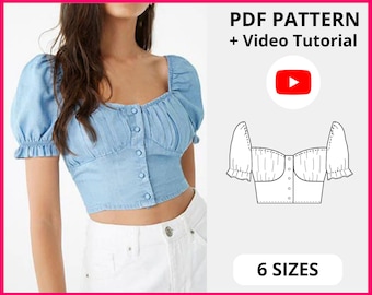 Camila PDF Sewing pattern | Milkmaid style crop top with short puff sleeves | Top Digital Pattern | 6 SIZES | Instant download A4, US letter