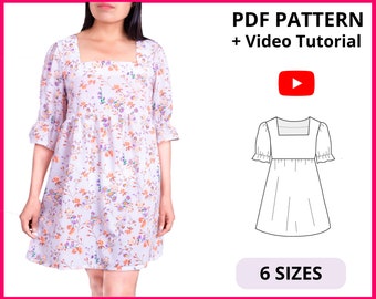 Candy Dress | PDF Sewing pattern | Dress Pattern with ruffles, Square neckline | Digital Pattern | 6 SIZES | Instant download A4, US letter