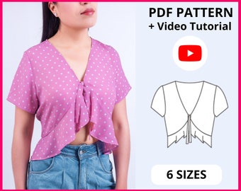 Amelia Blouse | PDF Sewing pattern | Tie Front, Ruffle detail Crop | 6 SIZES | Instant download A4, US letter