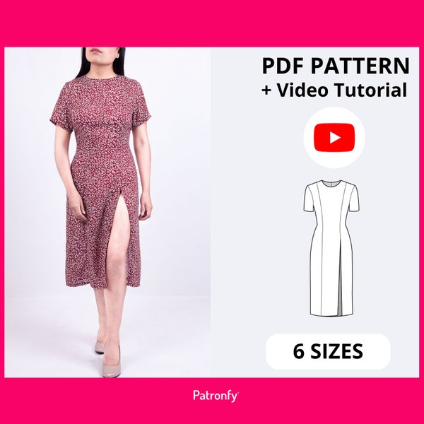 Pauline Split Kleid | PDF Schnittmuster | Midikleid Muster mit hohem Seitenschlitz vorne | 6 GRÖSSEN | Sofortiger Download A4, US letter