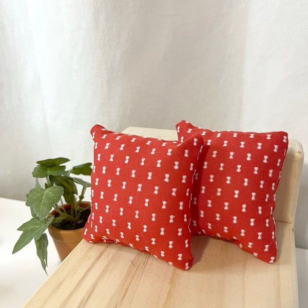 Christmas Red Dollhouse Pillows - 1:6 Scale - 11.5" Dolls - Set of 2 Pillows - Fashion Doll Bedding - Red with Tiny Bowtie Print Pillow Pair