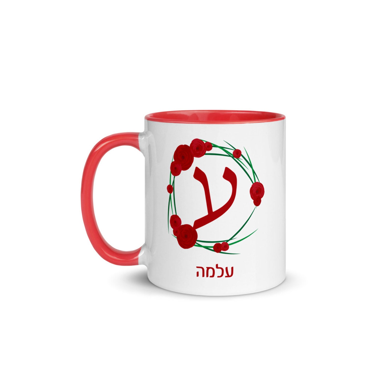 Personalized Red Roses, Hebrew Initial and Name Mug, Mug With Custom