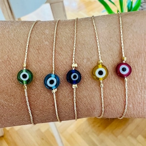 14K Gold Plated Evil Eye Bracelet, Evil Eye Layering Bracelet, Handmade Evil Eye Protection Bracelet, Christmas Gifts