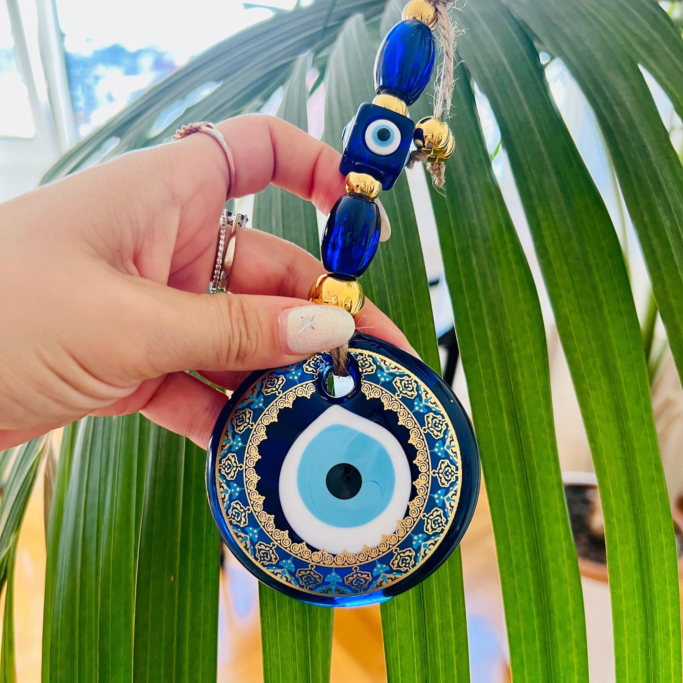 Adorno Ojo Turco Nazar - Amuleto De La Suerte En Vidrio Azul Y Blanco, Marco Dorado, Varios Tamaños