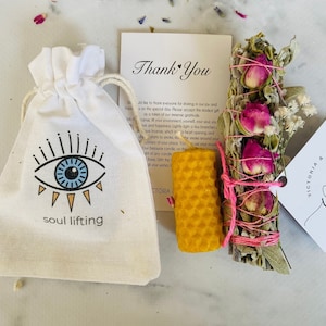 Personalized Wedding Favor: Sage Bundle, Beeswax Candle & Evil Eye Pouch