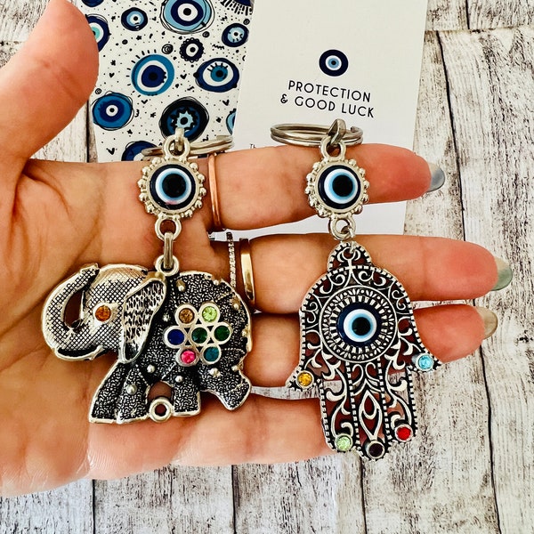 evil eye keychain - elephant keychain, hamsa hand - bag charm key ring - evil eye beads - silver keychain